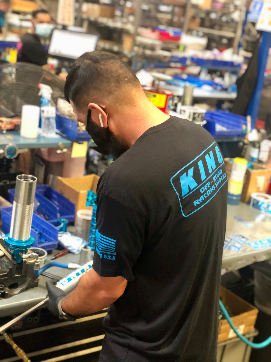 KING SHOCKS BLACK CVC CREW TEE W/NEON BLUE LOGO King Shocks